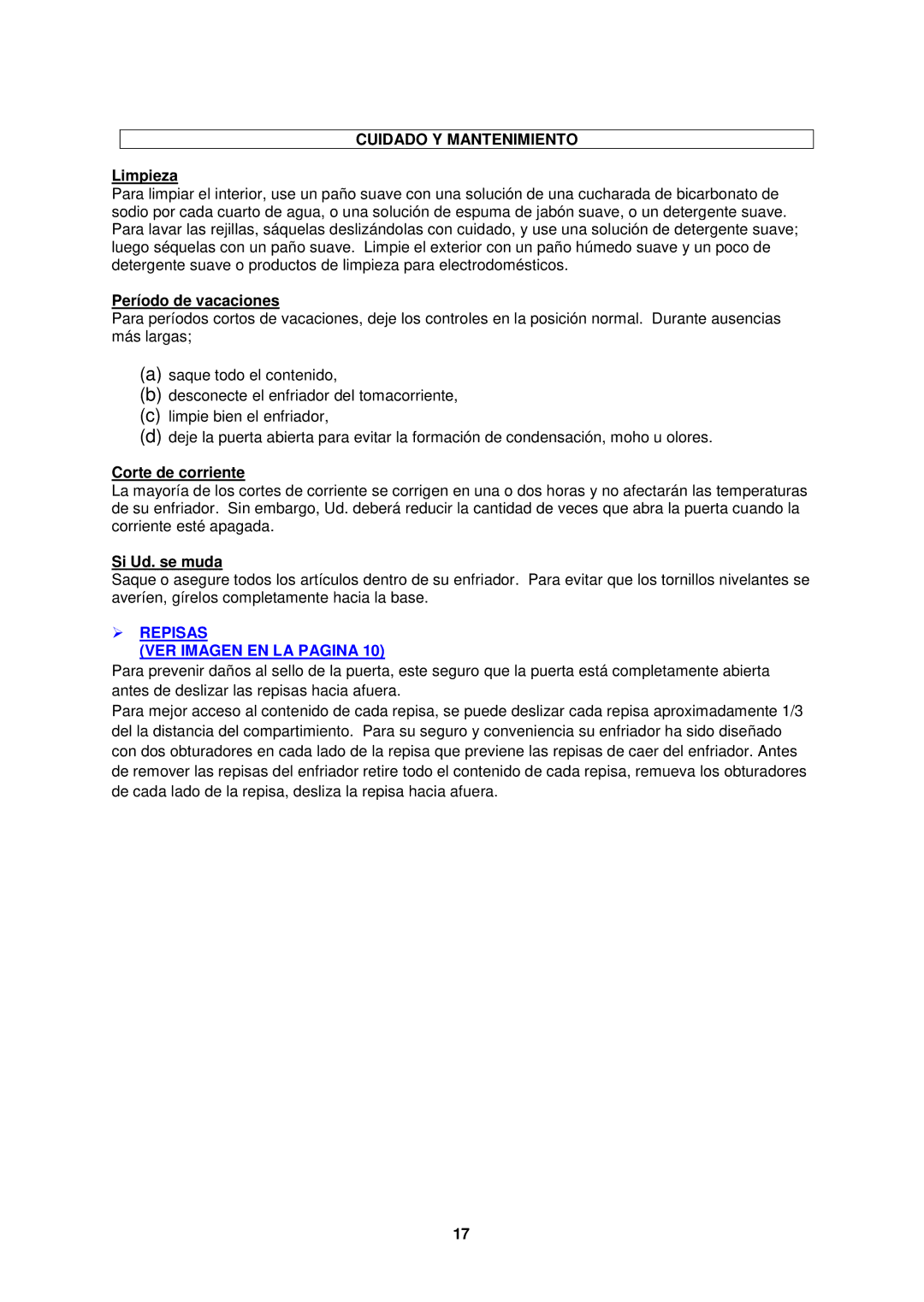 Avanti BCA280 instruction manual Cuidado Y Mantenimiento,  Repisas VER Imagen EN LA Pagina 