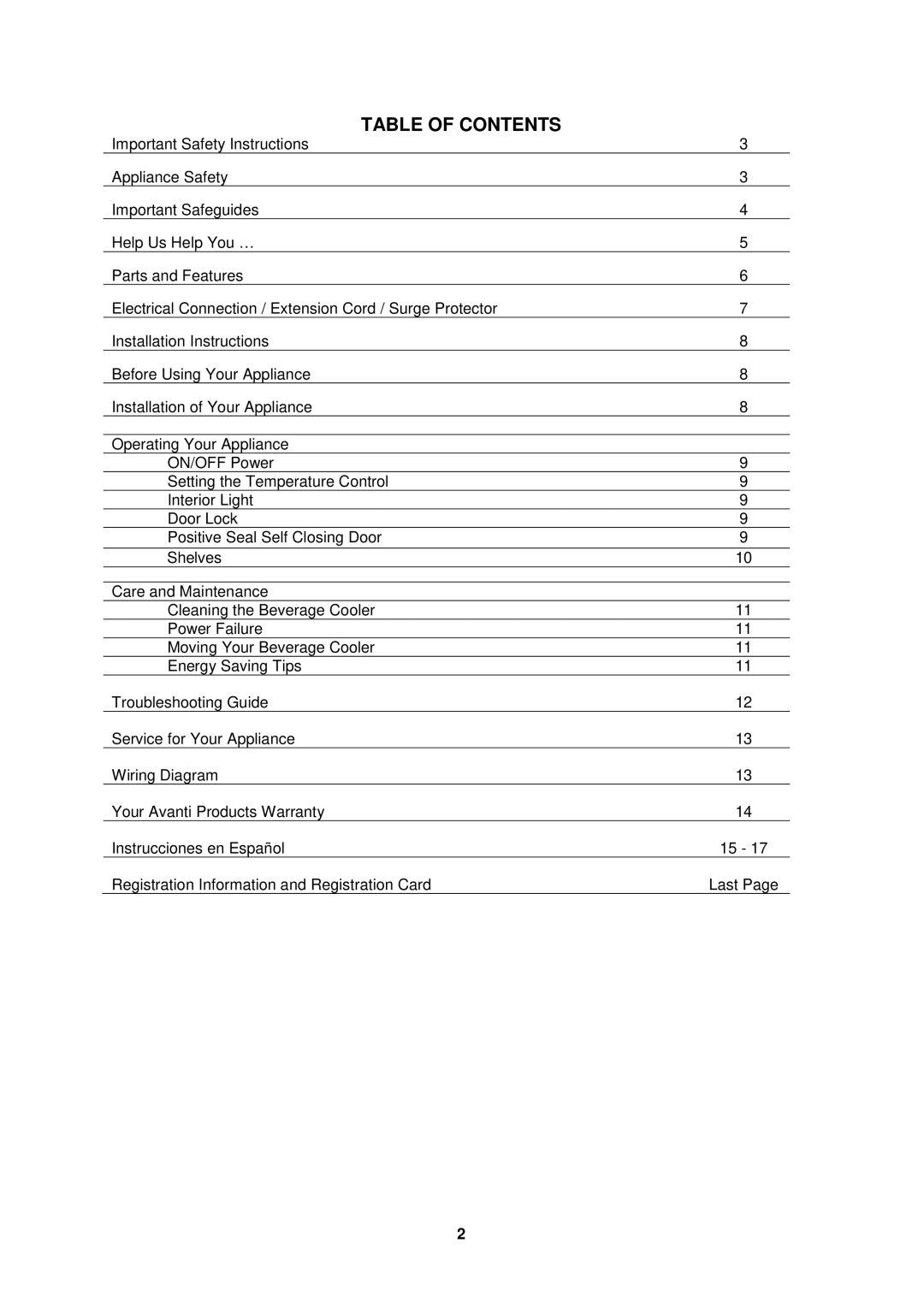 Avanti BCA280 instruction manual Table of Contents 