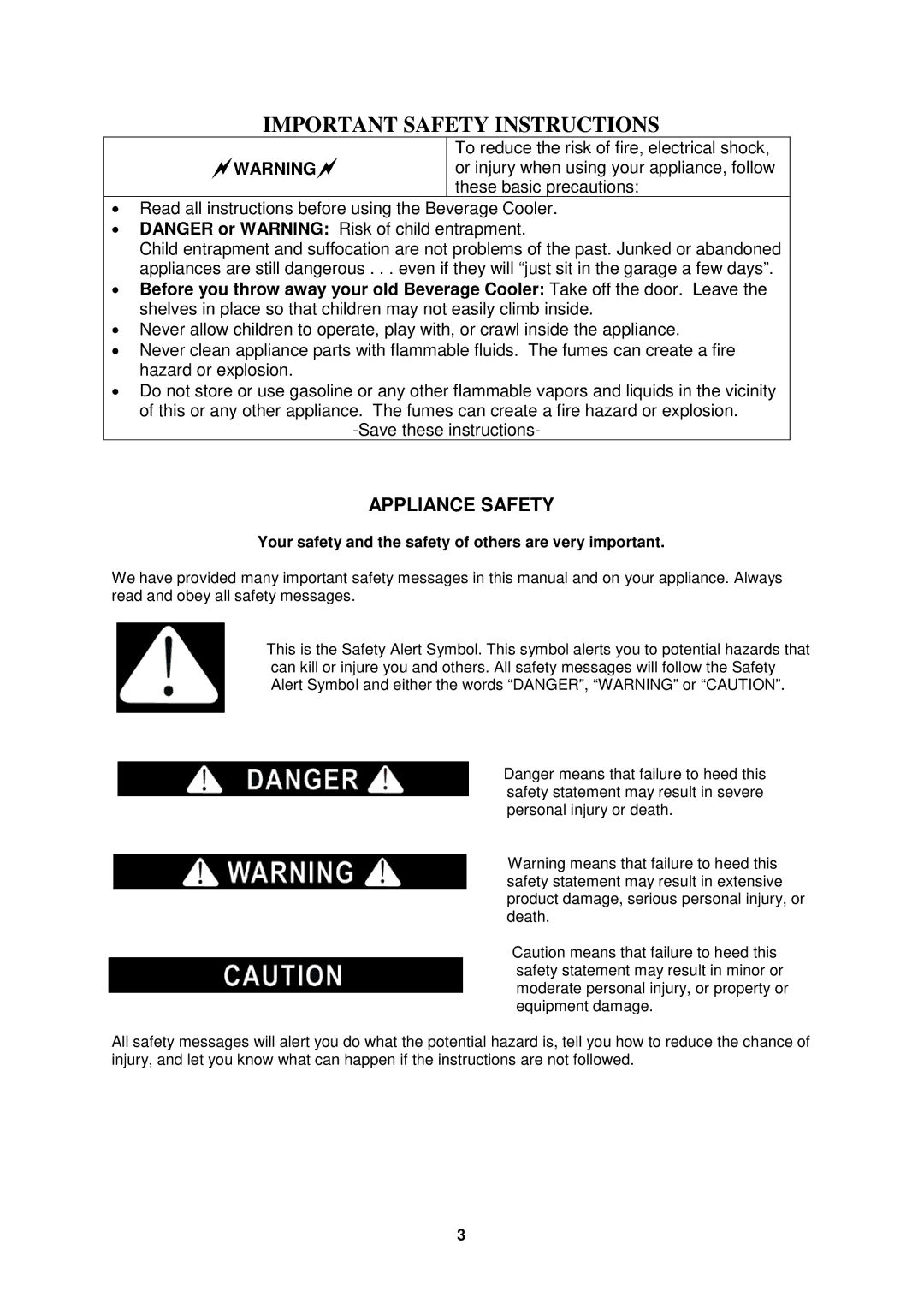 Avanti BCA280 instruction manual Appliance Safety, Your safety and the safety of others are very important 