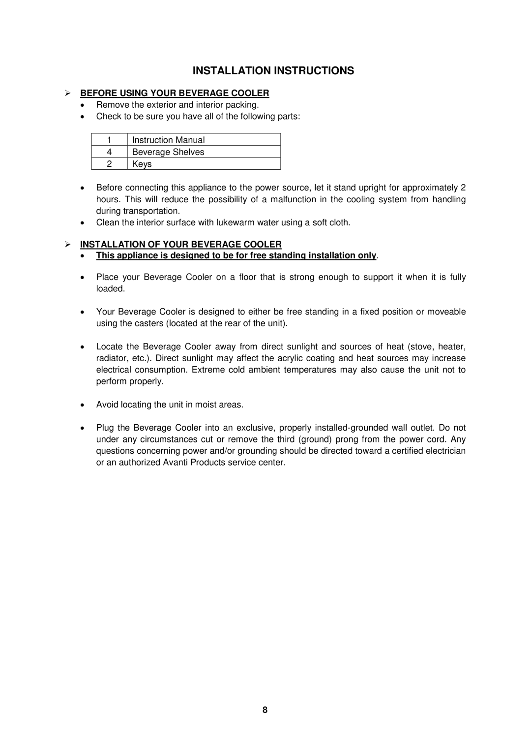 Avanti BCA280 Installation Instructions,  Before Using Your Beverage Cooler,  Installation of Your Beverage Cooler 