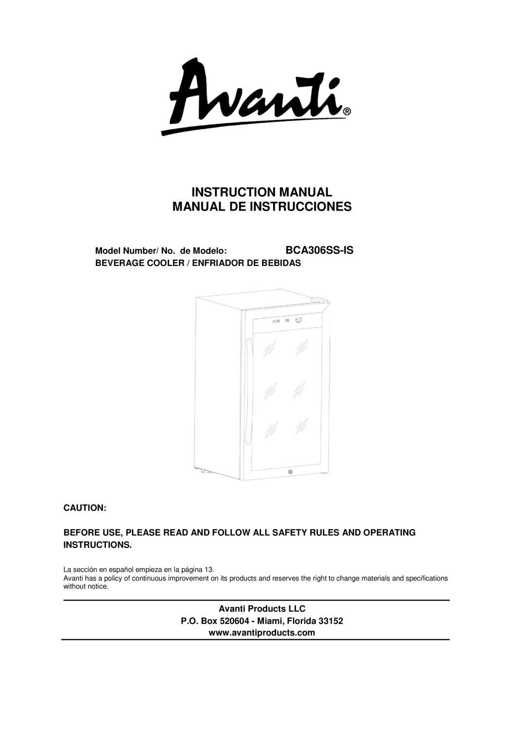 Avanti instruction manual Model Number/ No. de ModeloBCA306SS-IS, Avanti Products LLC Box 520604 Miami, Florida 