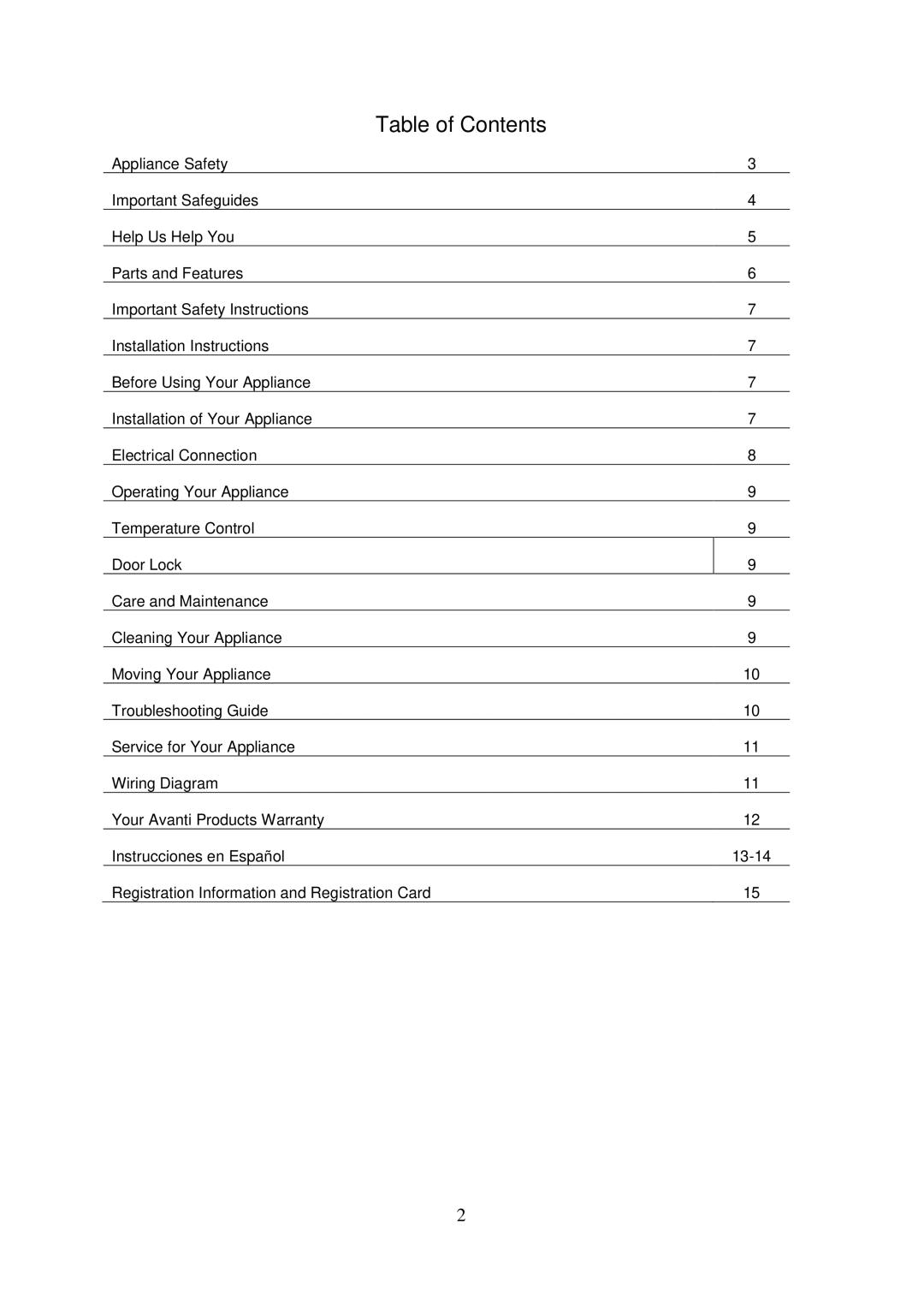 Avanti BCA306SS-IS instruction manual Table of Contents 