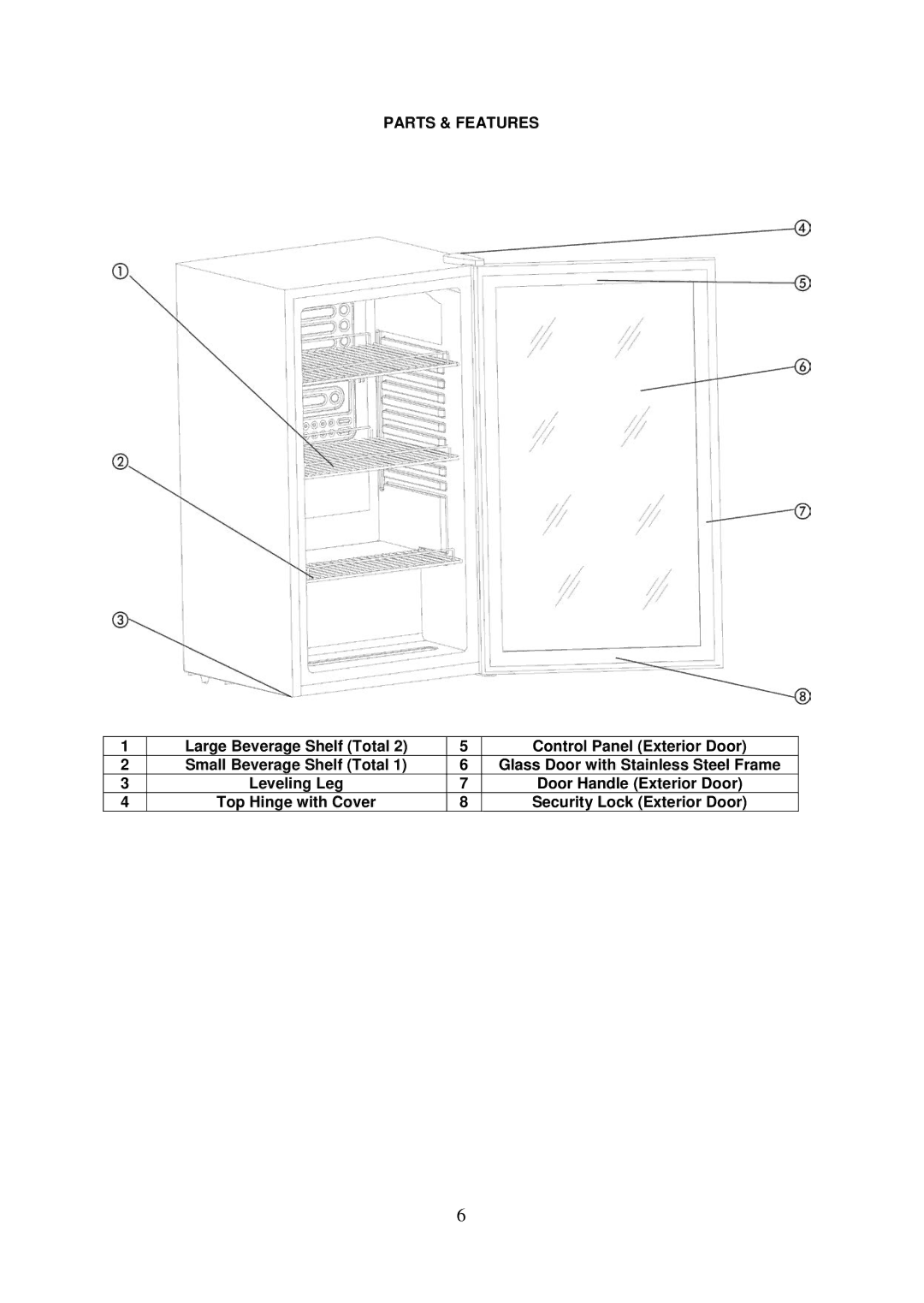 Avanti BCA306SS-IS instruction manual Parts & Features, Control Panel Exterior Door, Glass Door with Stainless Steel Frame 