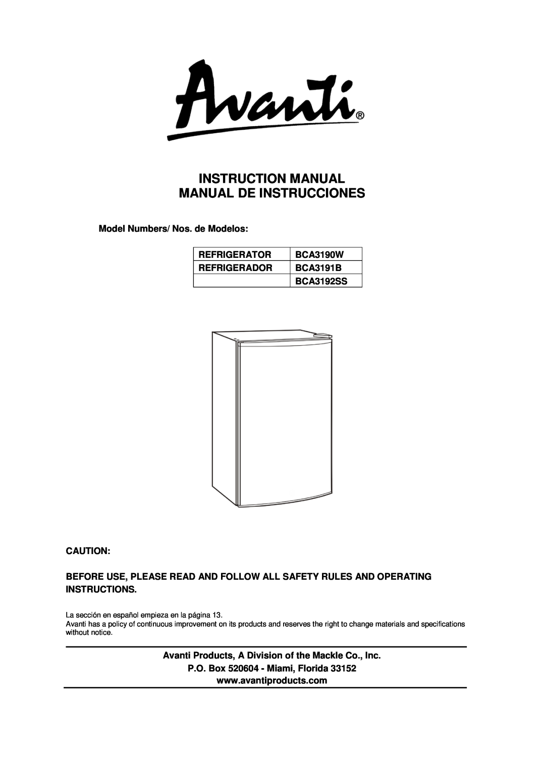 Avanti BCA3191B instruction manual Model Numbers/ Nos. de Modelos, Refrigerator, BCA3190W, Refrigerador, BCA3192SS 