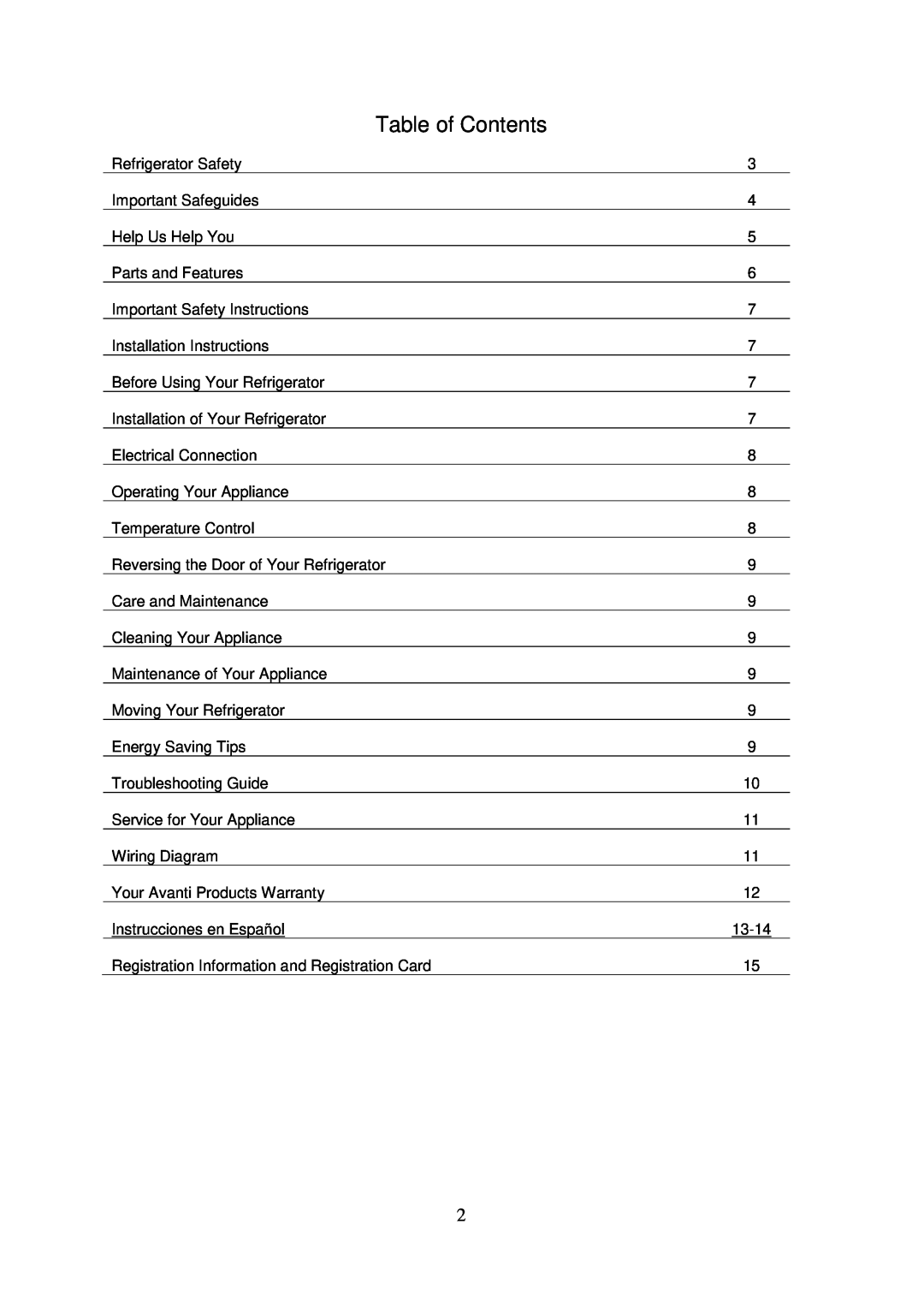 Avanti BCA3192SS, BCA3190W, BCA3191B instruction manual Table of Contents 