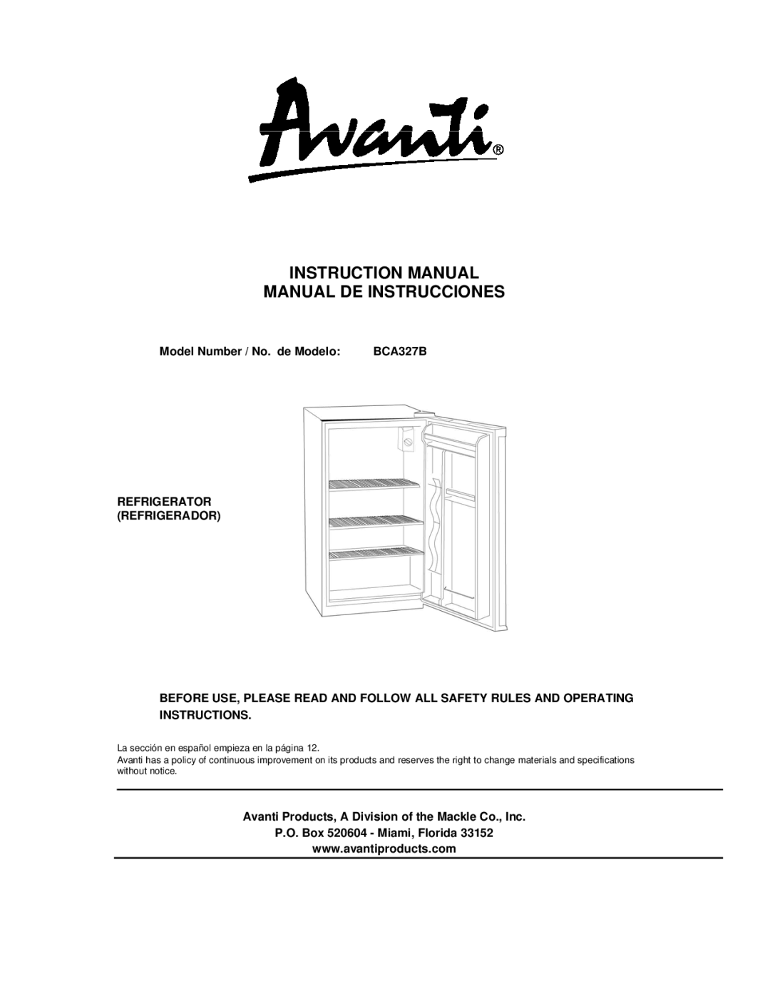 Avanti BCA327B instruction manual Model Number / No. de Modelo 