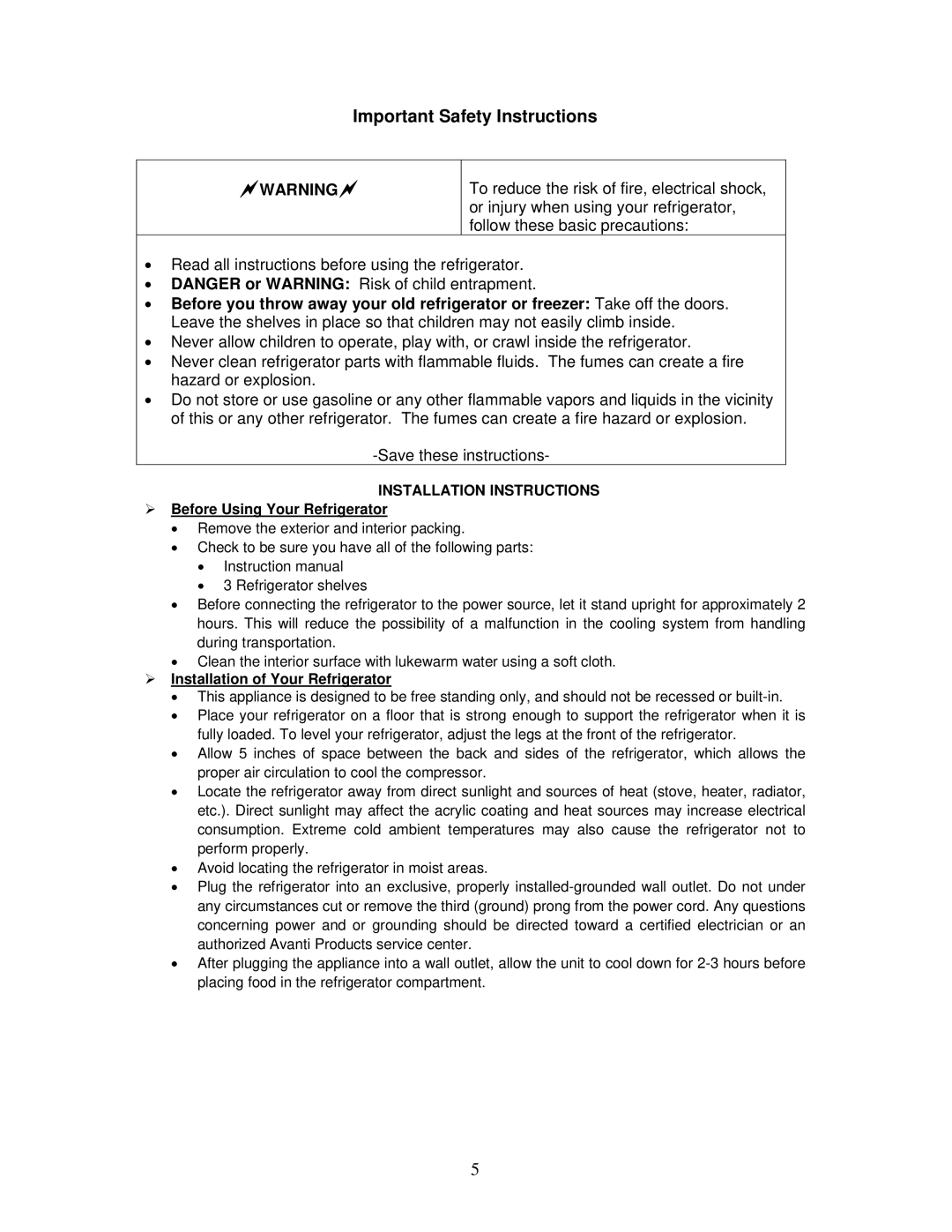 Avanti BCA327B Installation Instructions, ¾ Before Using Your Refrigerator, ¾ Installation of Your Refrigerator 