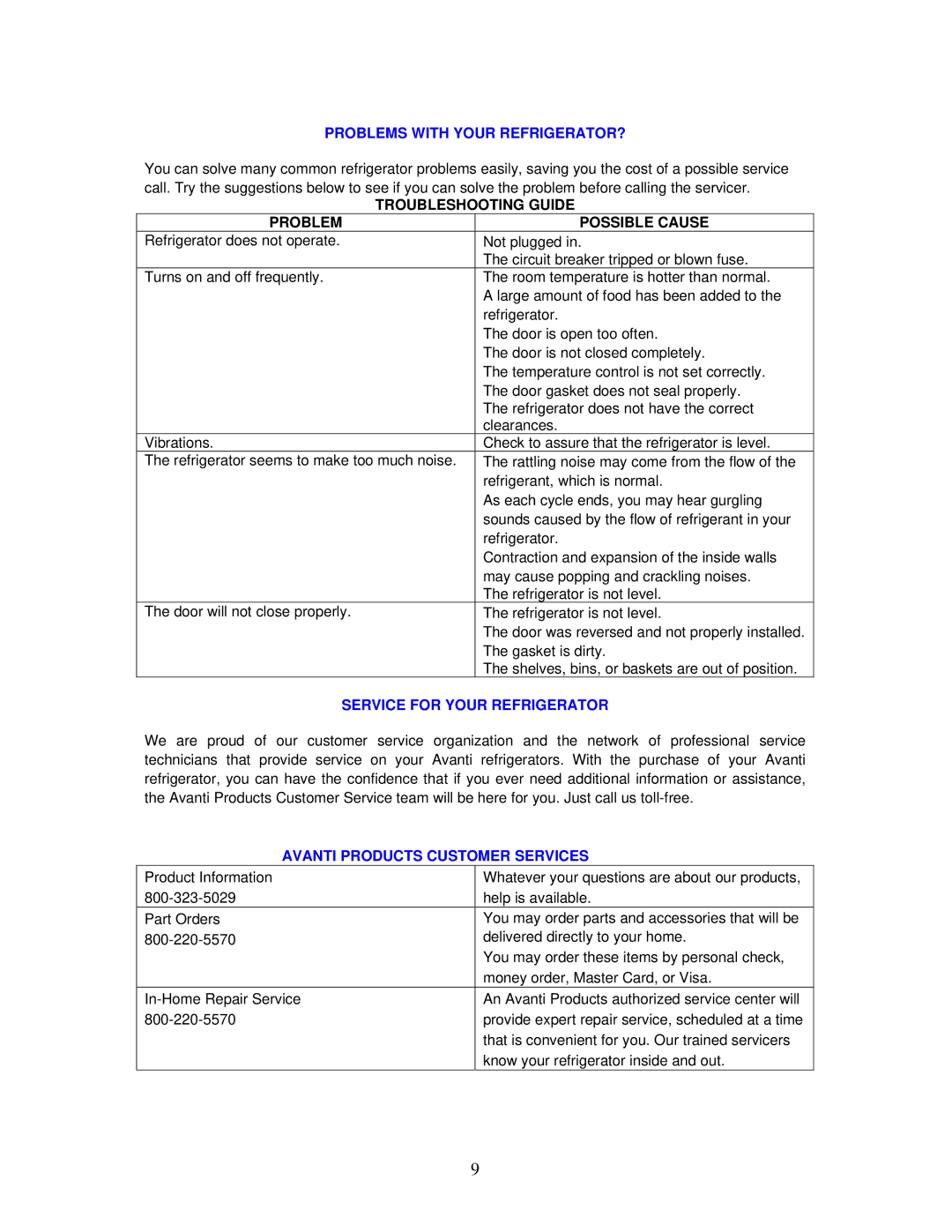 Avanti BCA327B instruction manual Problems with Your REFRIGERATOR?, Troubleshooting Guide Problem Possible Cause 