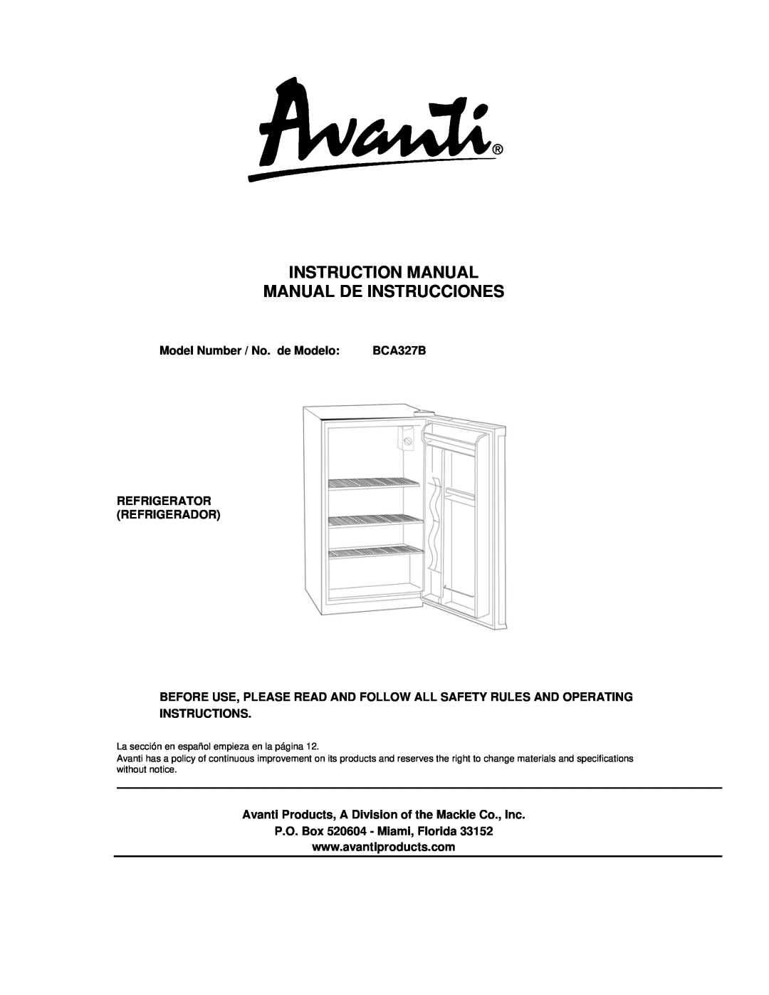 Avanti BCA327B instruction manual Model Number / No. de Modelo, Refrigerator Refrigerador 