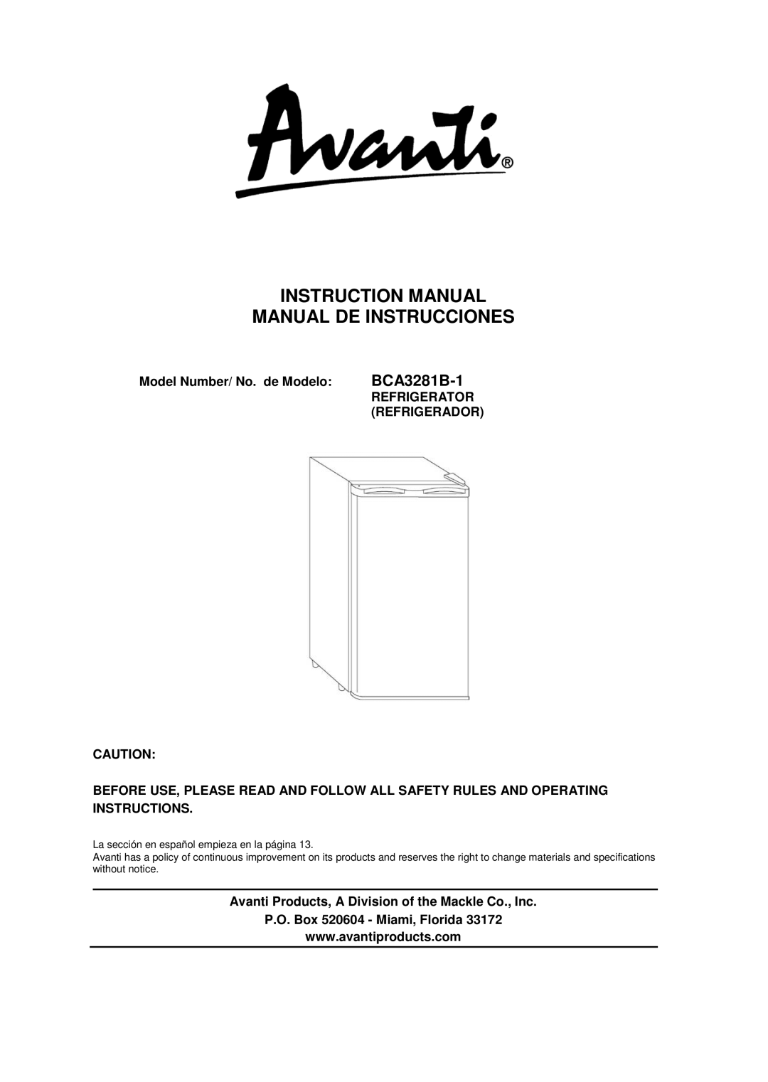 Avanti BCA3281B-1 instruction manual Model Number/ No. de Modelo, Refrigerator, Refrigerador 