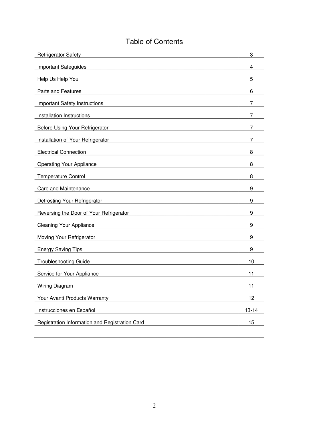 Avanti BCA3281B-1 instruction manual Table of Contents 