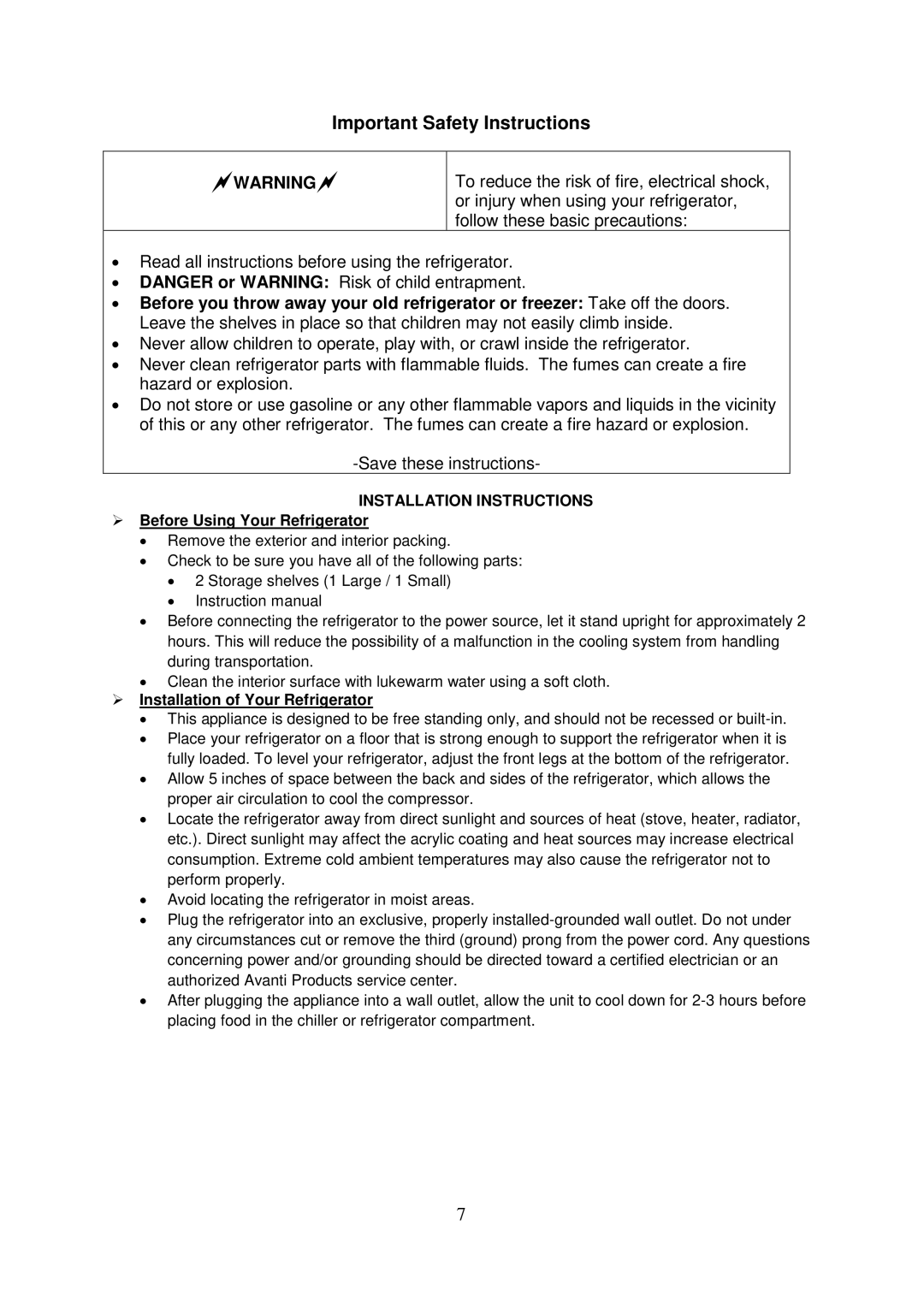 Avanti BCA3281B-1 Installation Instructions,  Before Using Your Refrigerator,  Installation of Your Refrigerator 