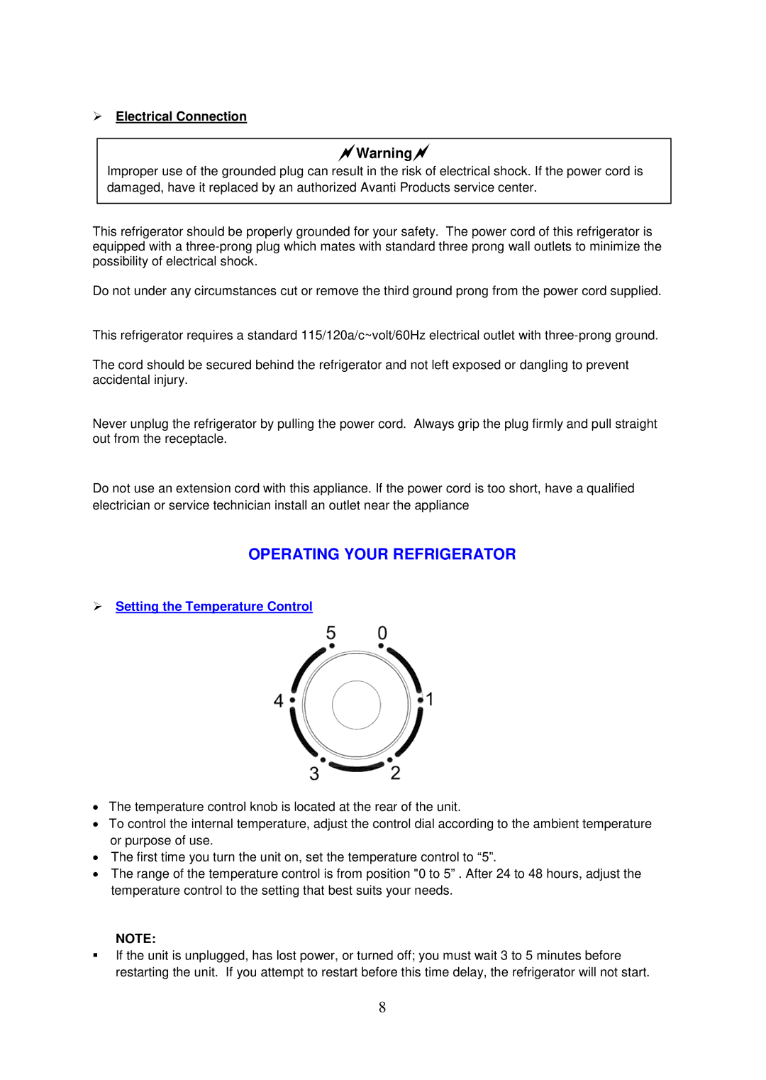 Avanti BCA3281B-1 instruction manual Operating Your Refrigerator,  Electrical Connection 