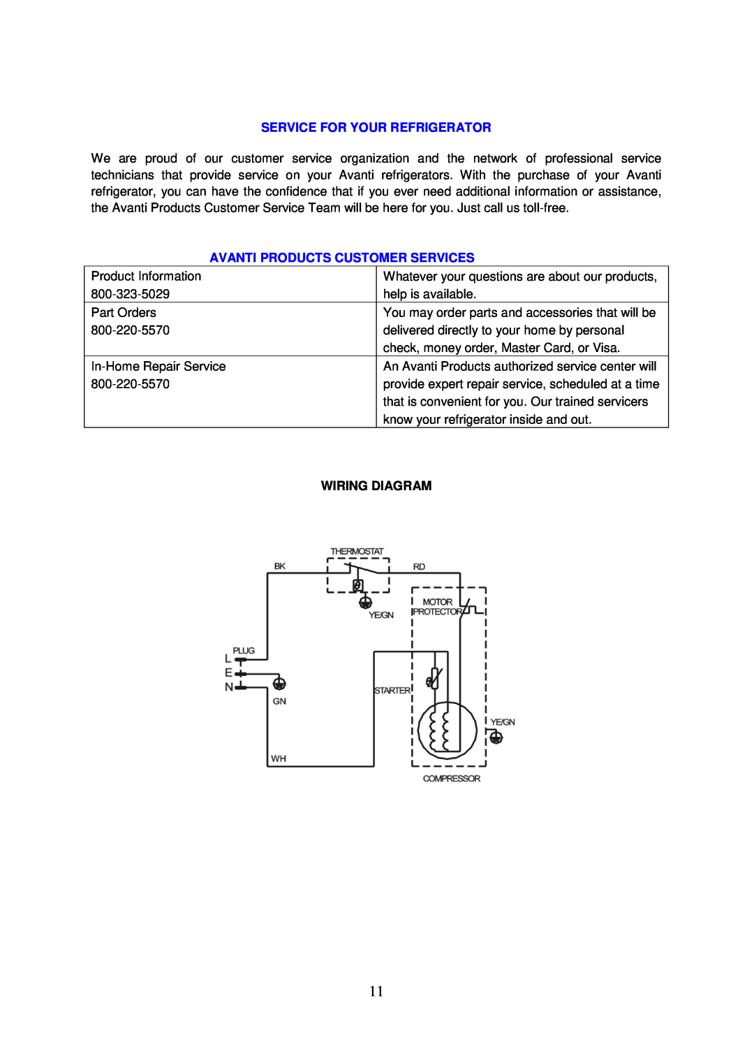 Avanti BCA3281B-1 instruction manual Service For Your Refrigerator, Avanti Products Customer Services, Wiring Diagram 