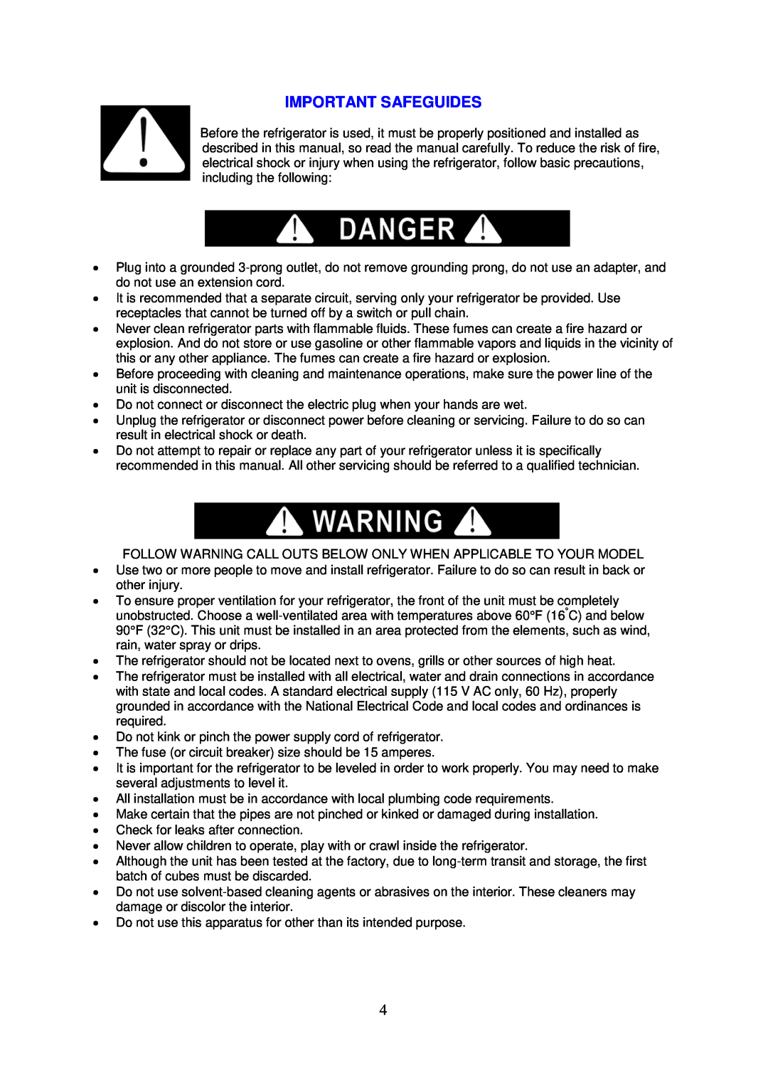 Avanti BCA3281B-1 instruction manual Important Safeguides 