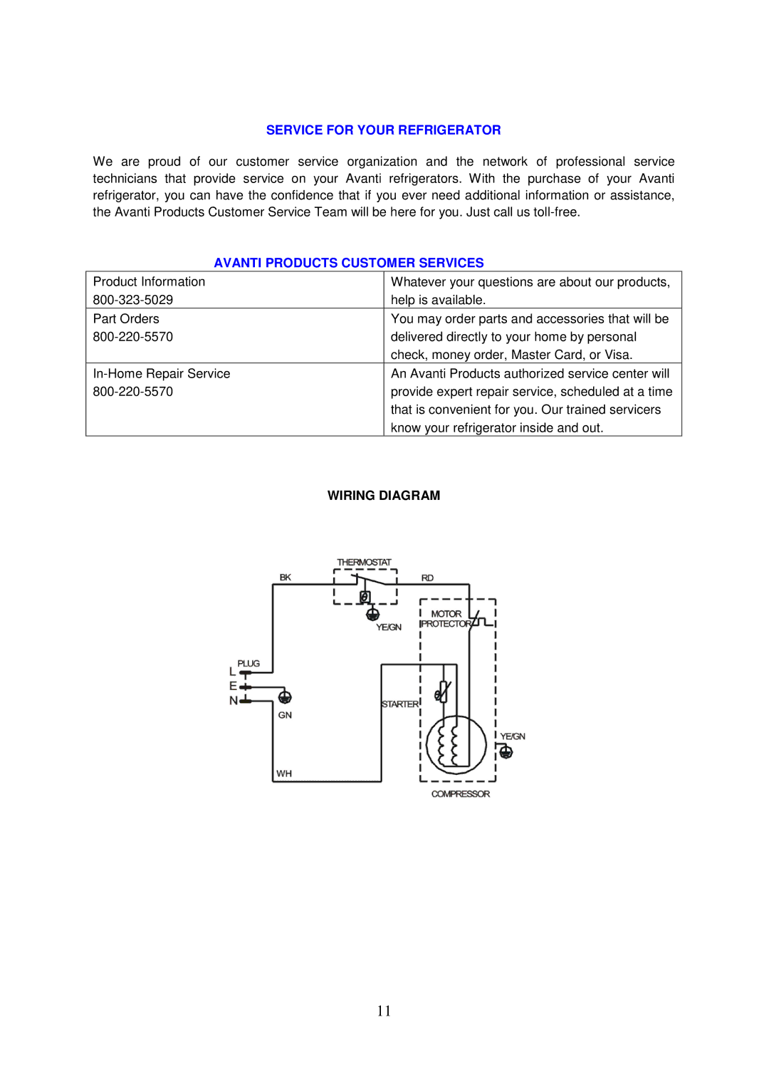 Avanti BCA3281B instruction manual Service for Your Refrigerator, Avanti Products Customer Services, Wiring Diagram 