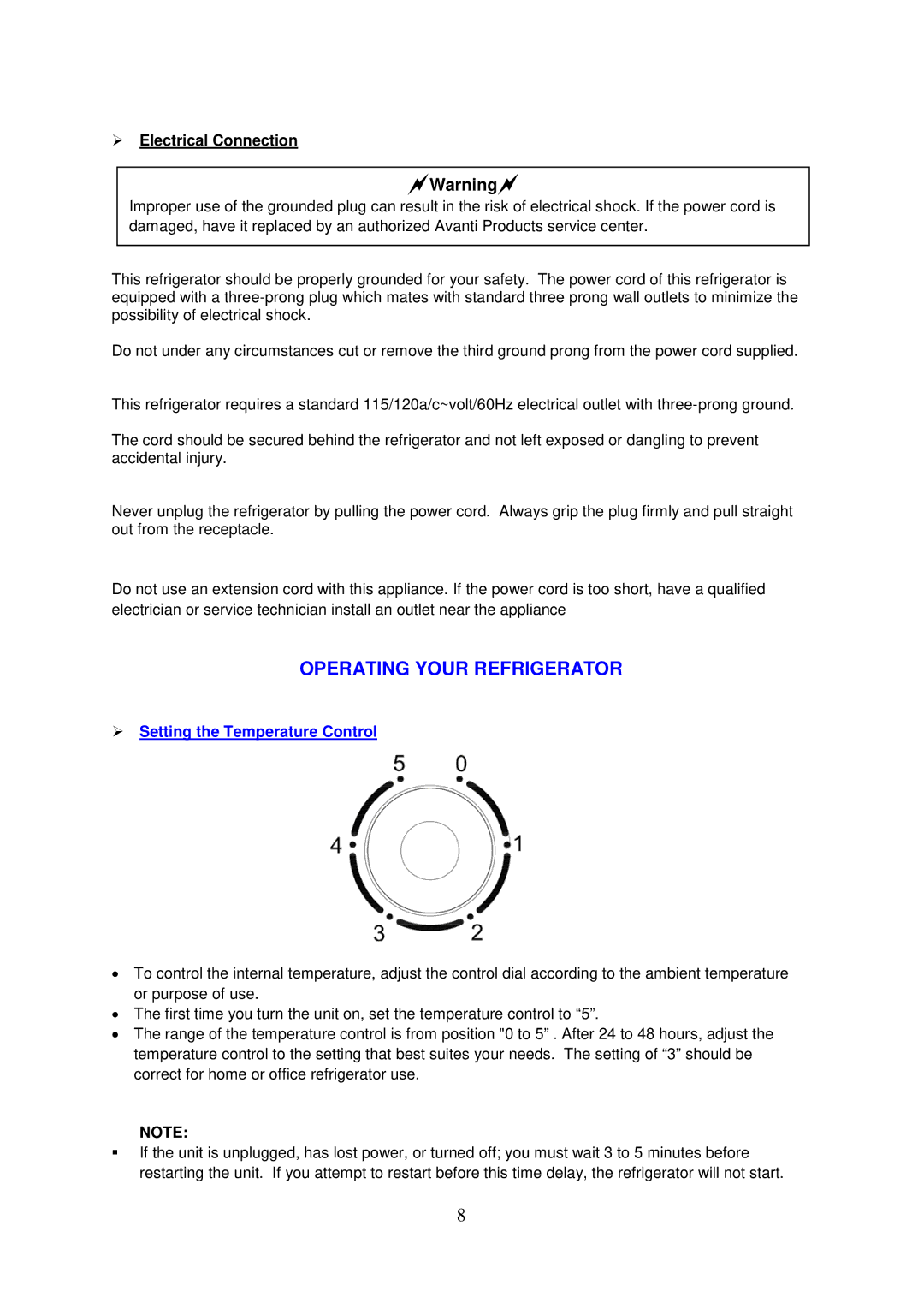 Avanti BCA3281B instruction manual Operating Your Refrigerator,  Electrical Connection 