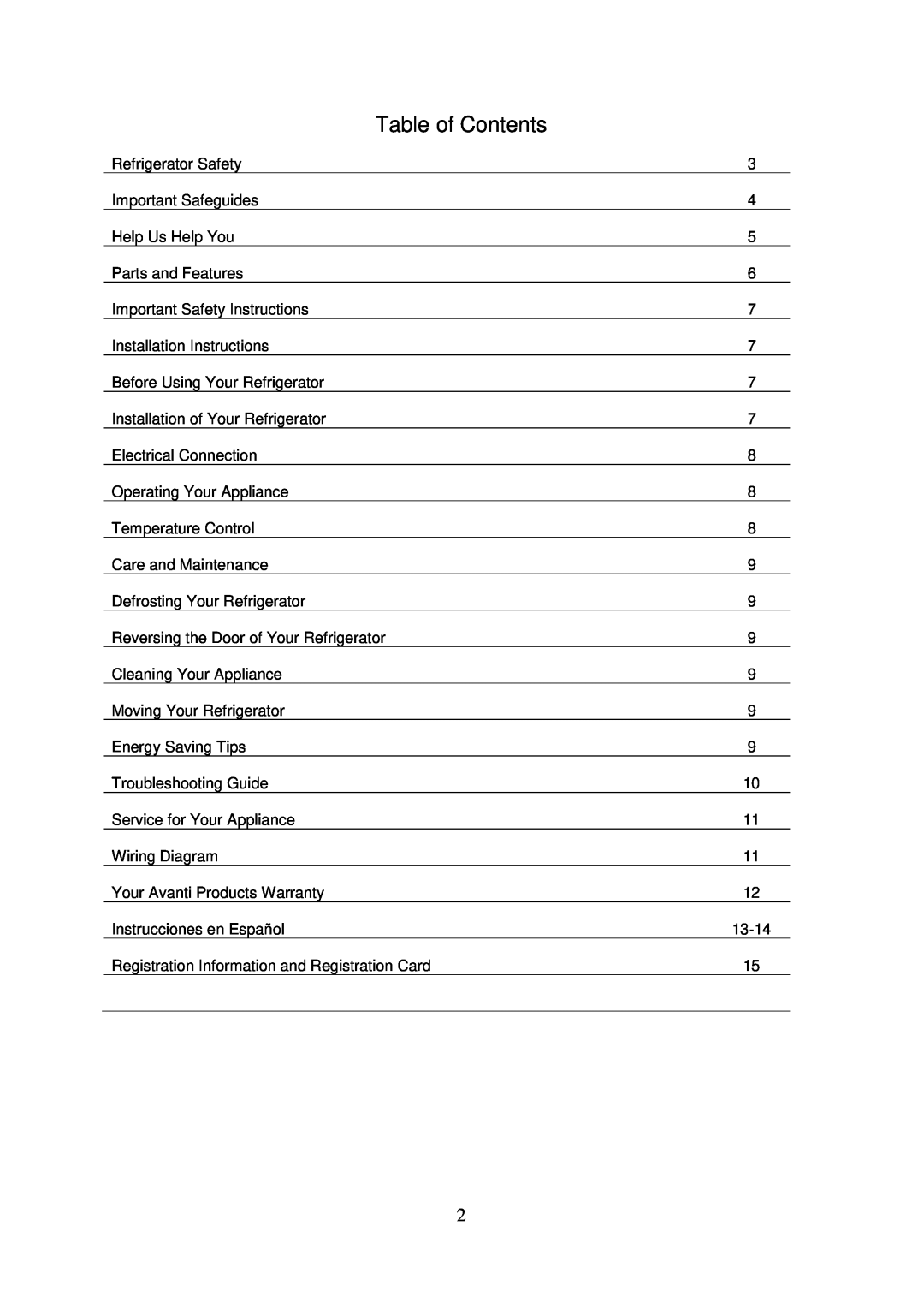 Avanti BCA3281B instruction manual Table of Contents 