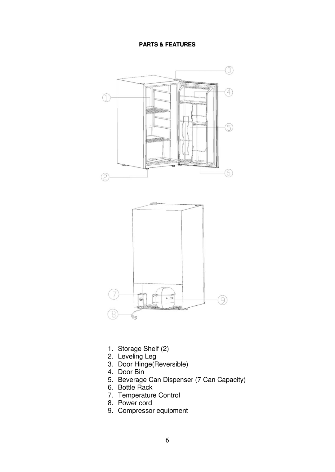 Avanti BCA3281B Storage Shelf 2.Leveling Leg, Door HingeReversible 4.Door Bin, Beverage Can Dispenser 7 Can Capacity 