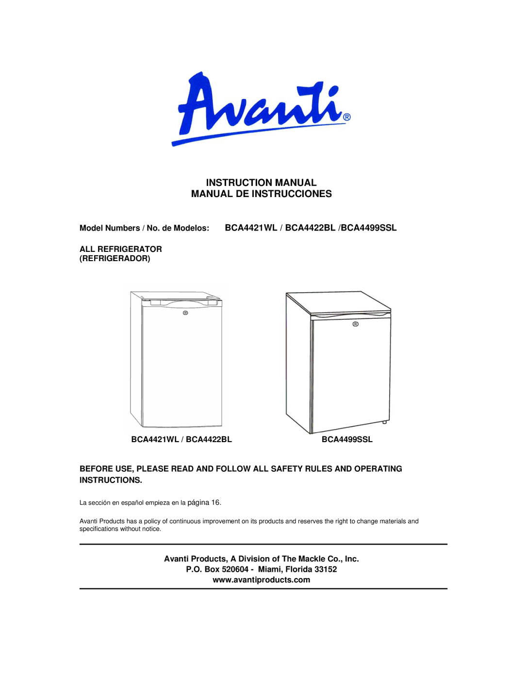 Avanti instruction manual Manual DE Instrucciones, BCA4421WL / BCA4422BL 