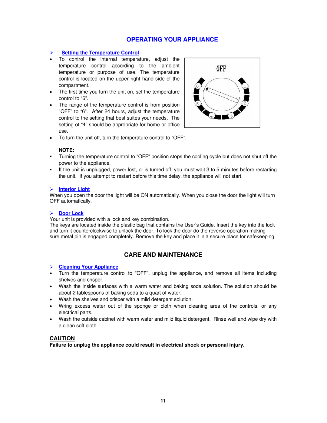 Avanti BCA4421WL instruction manual Operating Your Appliance, Care and Maintenance 