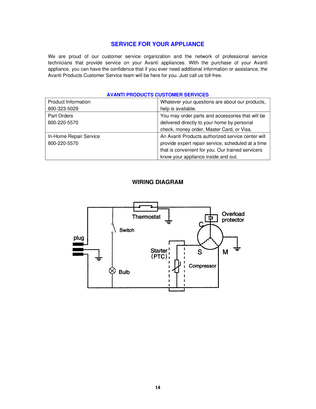 Avanti BCA4421WL instruction manual Service for Your Appliance, Wiring Diagram 