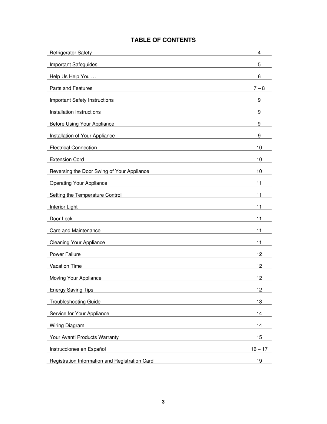 Avanti BCA4421WL instruction manual Table of Contents 