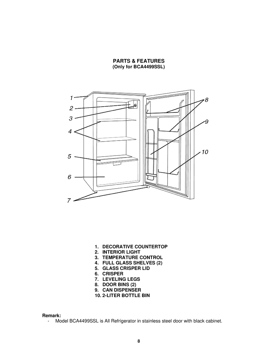 Avanti BCA4421WL instruction manual Can Dispenser Liter Bottle BIN 