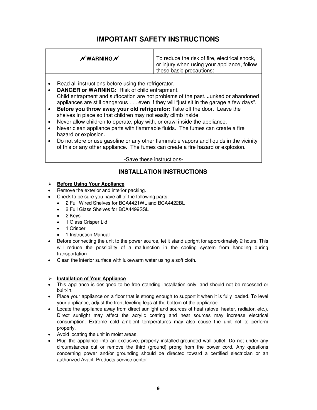 Avanti BCA4421WL Installation Instructions, ¾ Before Using Your Appliance, ¾ Installation of Your Appliance 