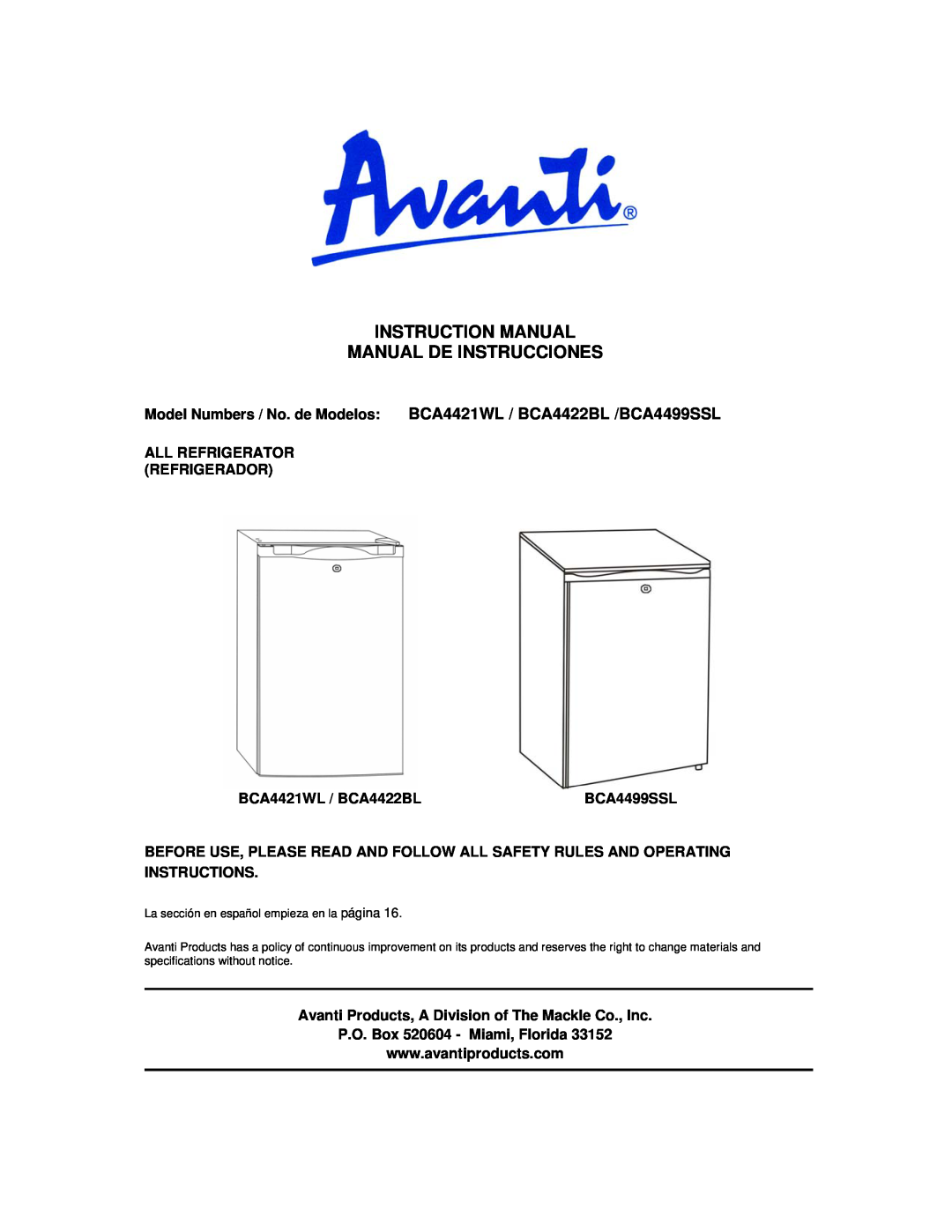 Avanti BCA4421WL instruction manual 