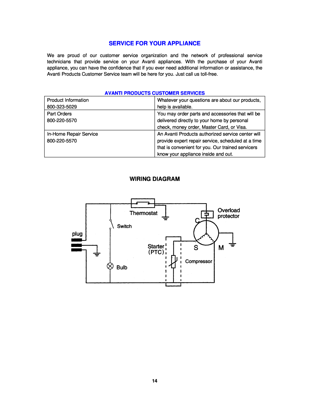 Avanti BCA4421WL instruction manual Service For Your Appliance, Wiring Diagram, Avanti Products Customer Services 