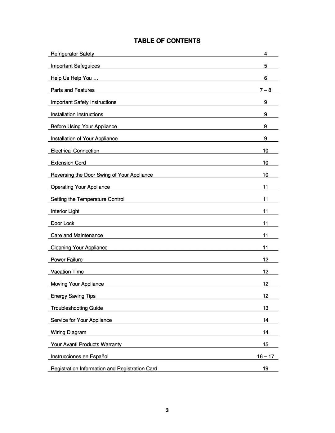 Avanti BCA4421WL instruction manual Table Of Contents 