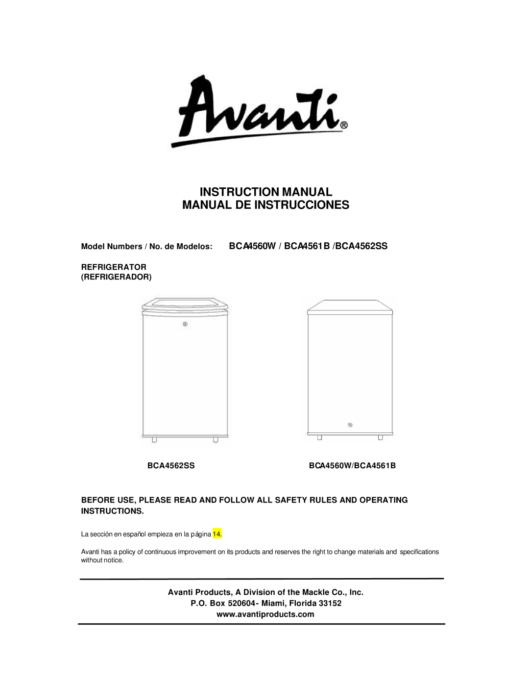 Avanti BCA4560W instruction manual Manual DE Instrucciones 