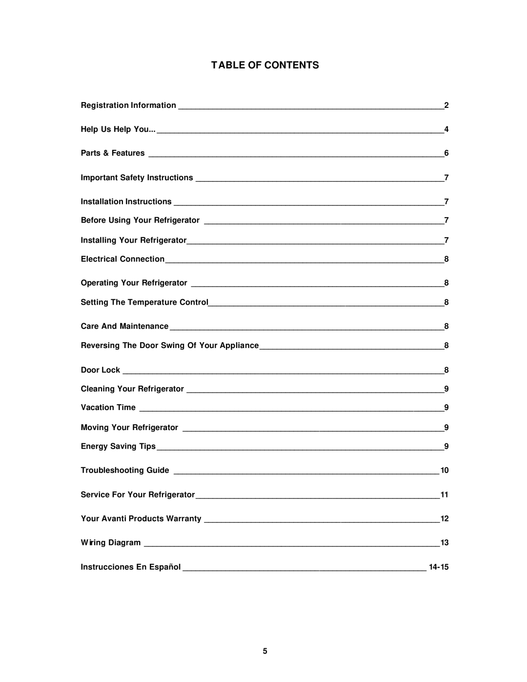Avanti BCA4560W instruction manual Table of Contents 