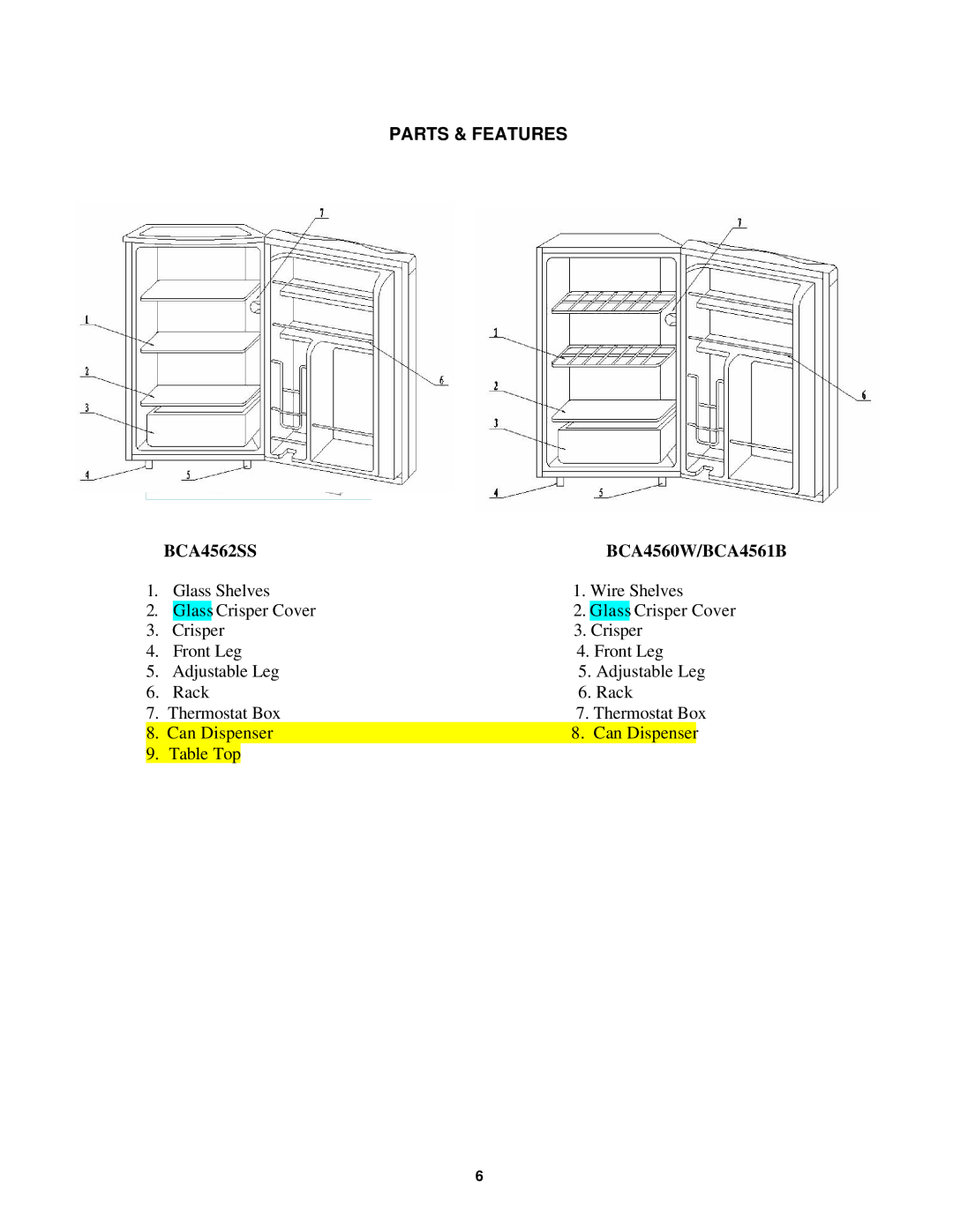 Avanti BCA4560W instruction manual Parts & Features, BCA4562SS 