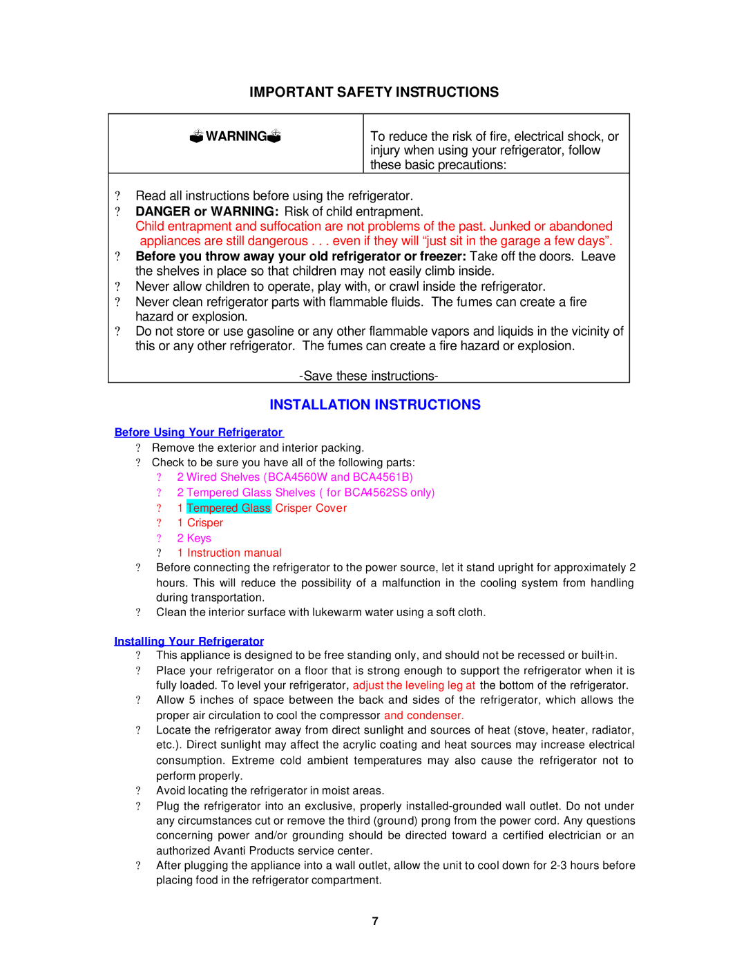 Avanti BCA4560W instruction manual Important Safety Instructions, Installation Instructions, Before Using Your Refrigerator 