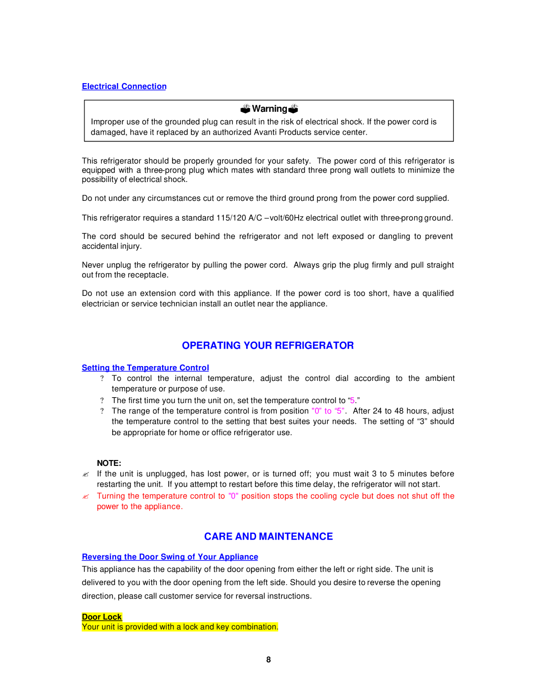 Avanti BCA4560W Operating Your Refrigerator, Care and Maintenance, Electrical Connection, Setting the Temperature Control 