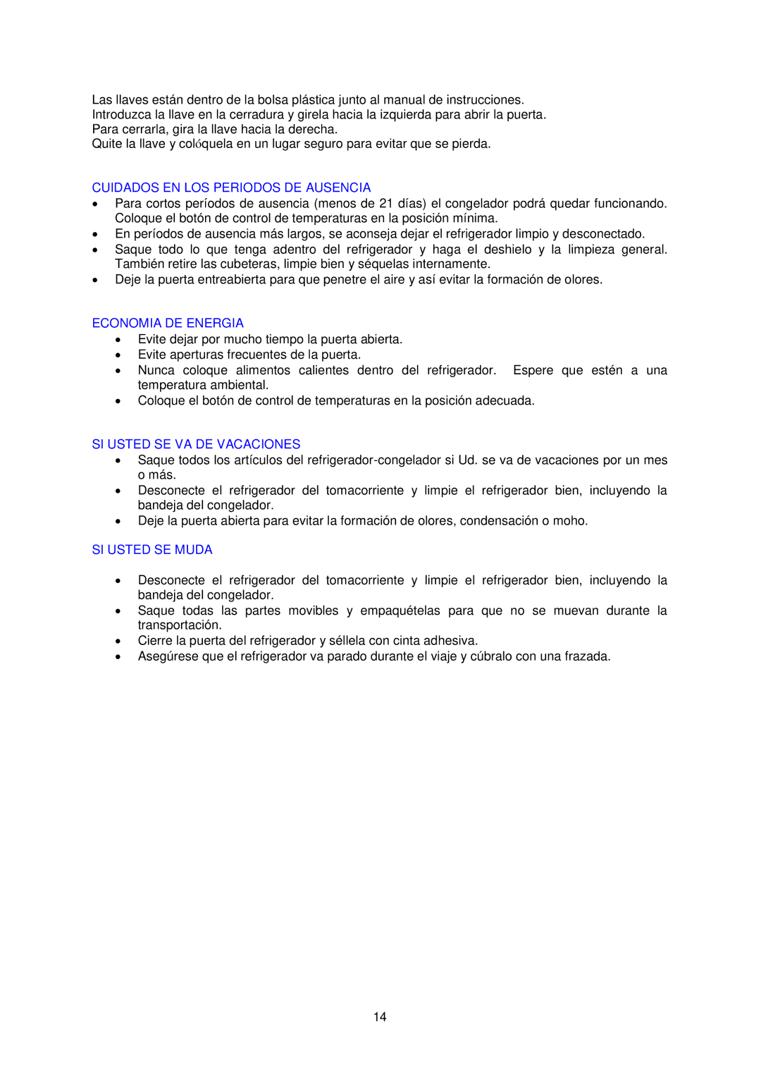 Avanti BCA4562SS-2, BCA4561B-2 Cuidados EN LOS Periodos DE Ausencia, Economia DE Energia, SI Usted SE VA DE Vacaciones 