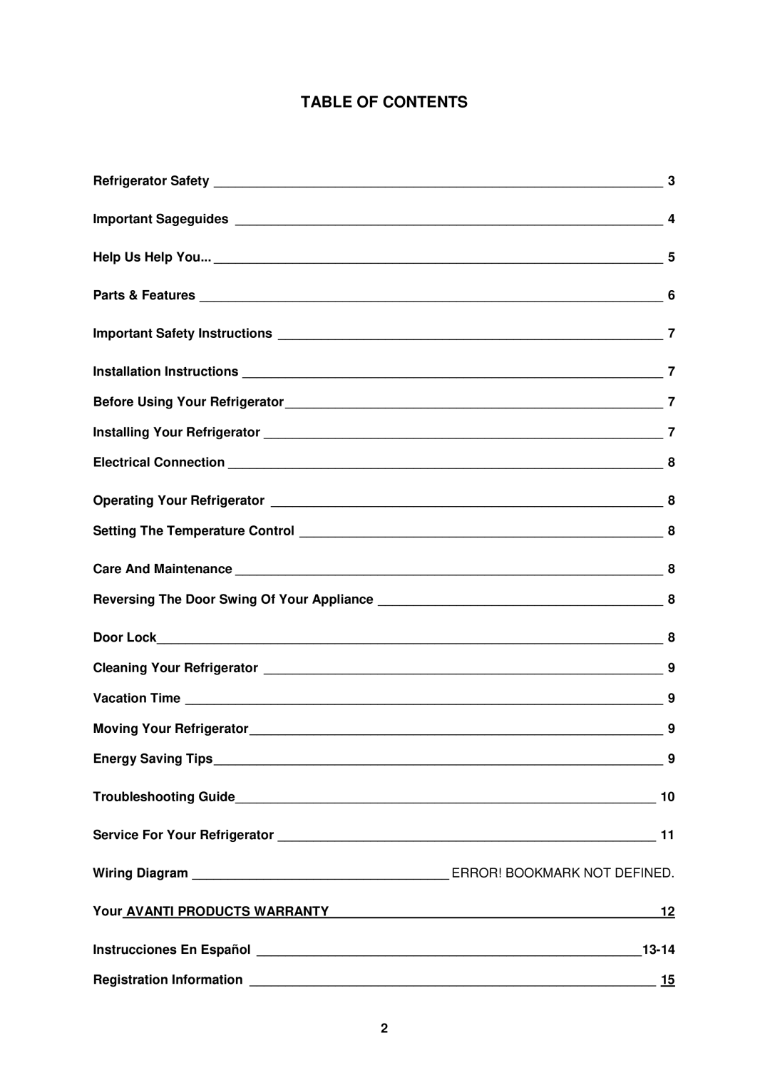 Avanti BCA4562SS-2, BCA4561B-2, BCA4560W-2 instruction manual Table of Contents 