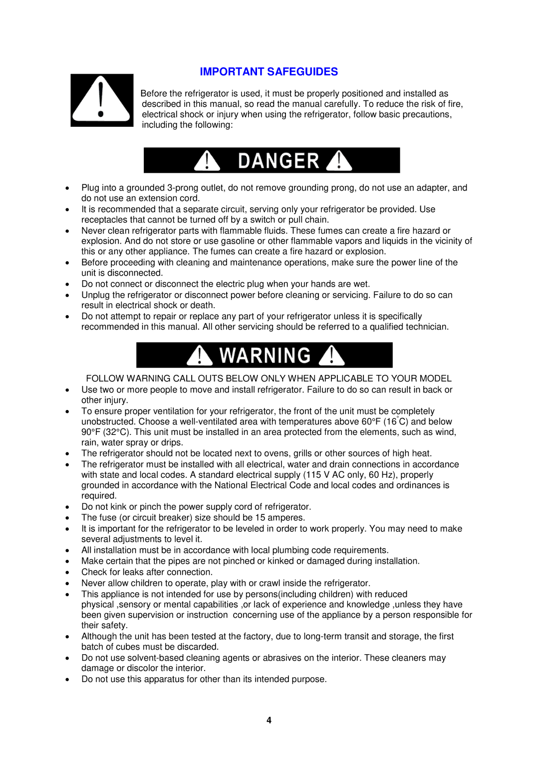 Avanti BCA4560W-2, BCA4561B-2, BCA4562SS-2 instruction manual Important Safeguides 