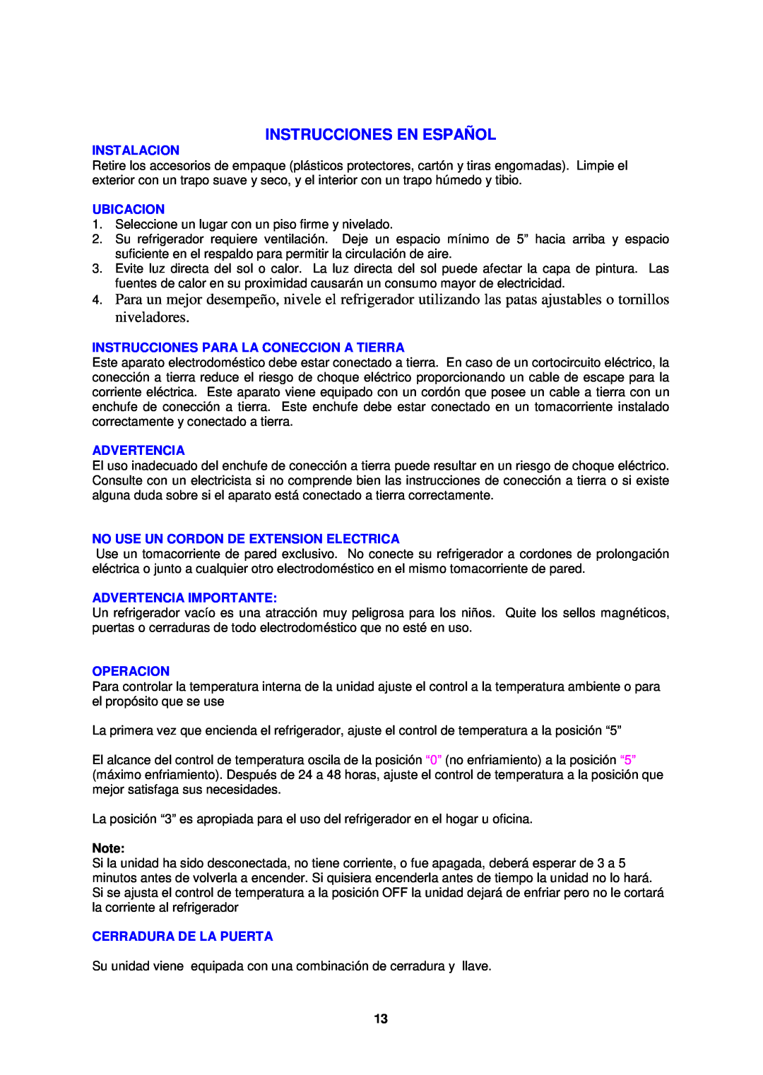 Avanti BCA4560W-2 Instrucciones En Español, Instalacion, Ubicacion, Instrucciones Para La Coneccion A Tierra, Advertencia 