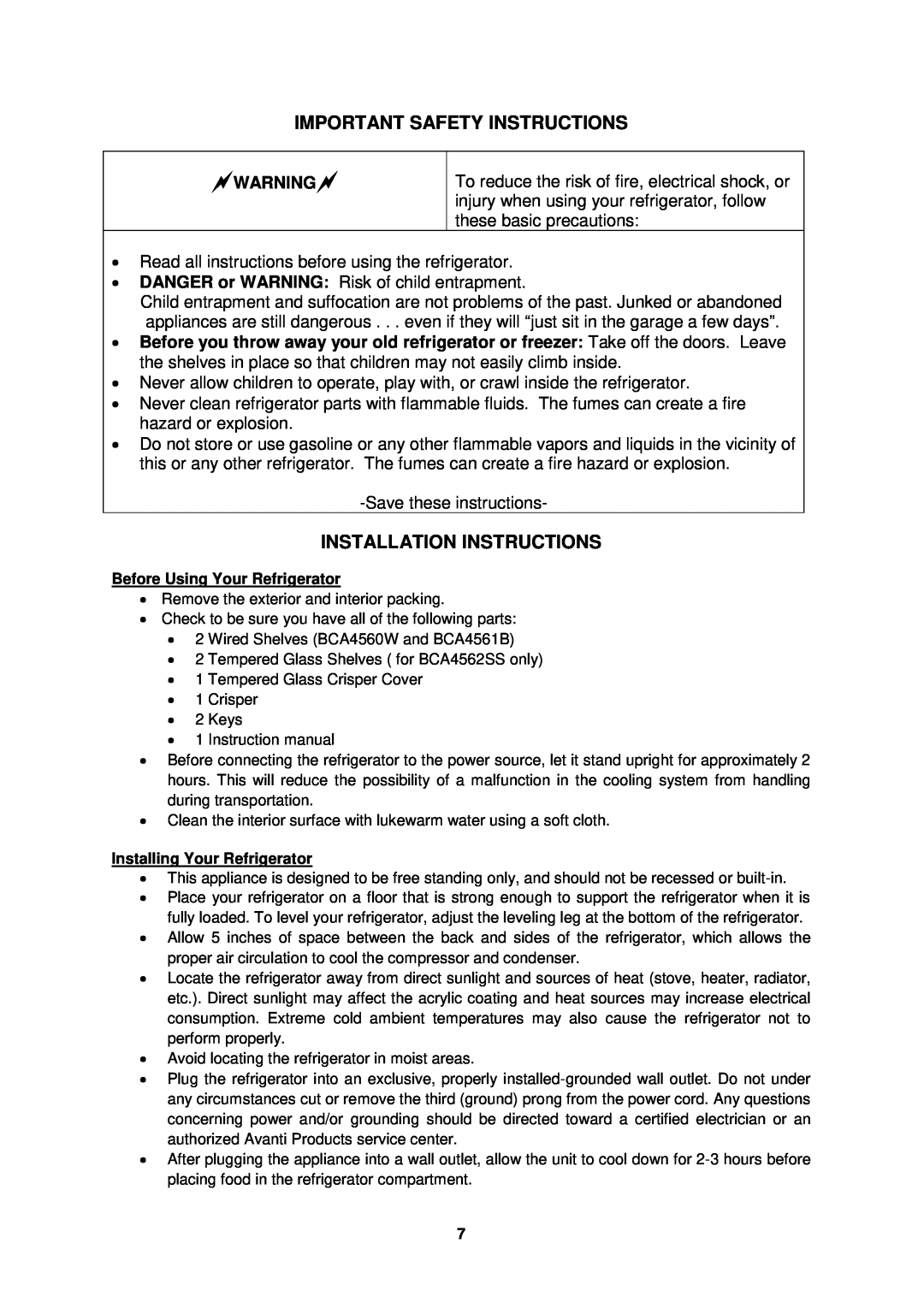 Avanti BCA4560W-2, BCA4561B-2, BCA4562SS-2 Important Safety Instructions, Installation Instructions, Warning 