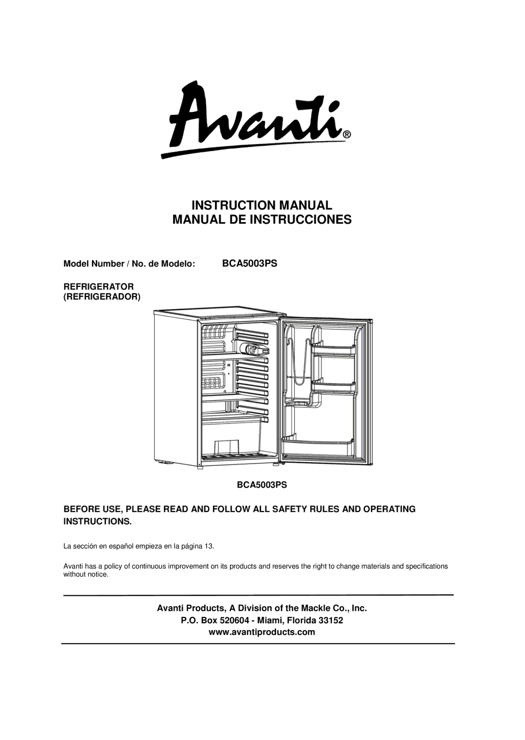 Avanti BCA5003PS instruction manual Manual DE Instrucciones 