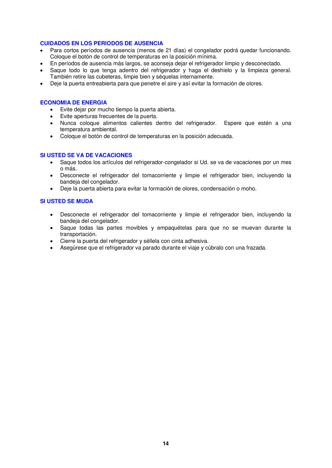 Avanti BCA5003PS Cuidados EN LOS Periodos DE Ausencia, Economia DE Energia, SI Usted SE VA DE Vacaciones, SI Usted SE Muda 