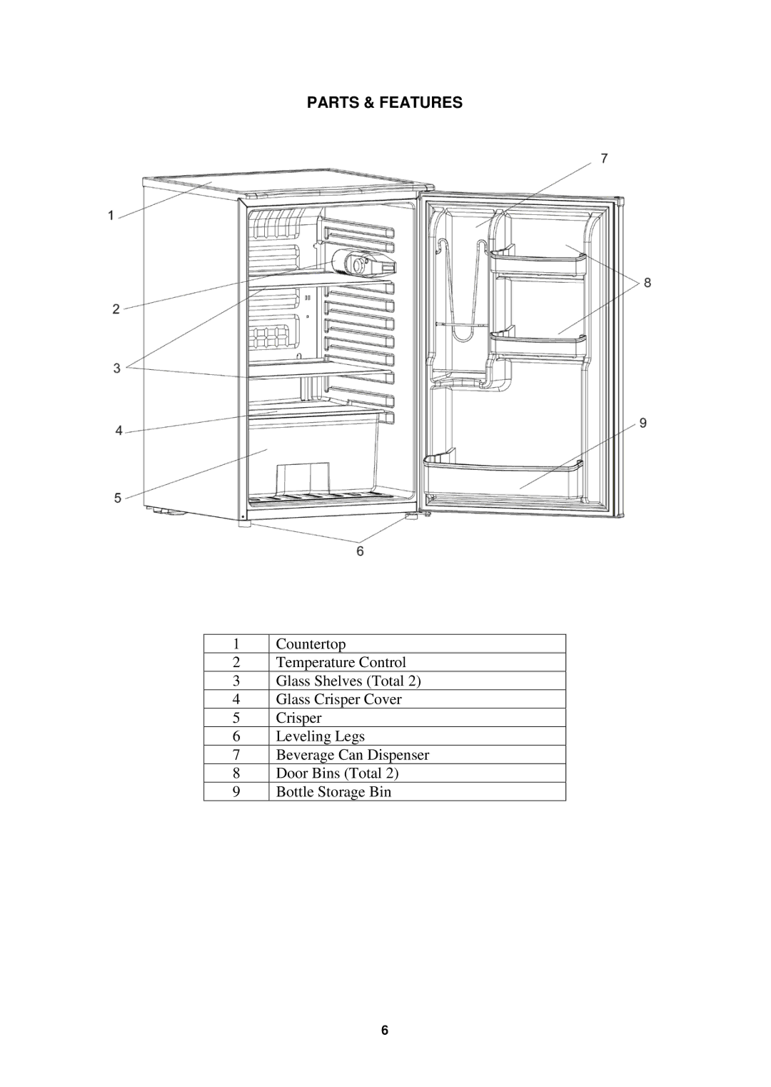 Avanti BCA5003PS instruction manual Parts & Features 