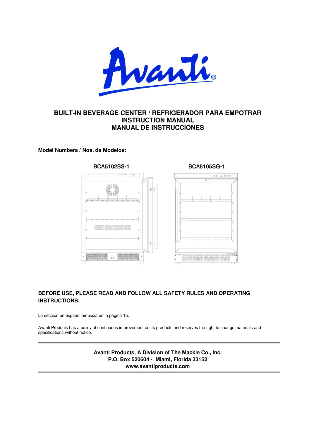 Avanti BCA5102SS-1 instruction manual Model Numbers / Nos. de Modelos 