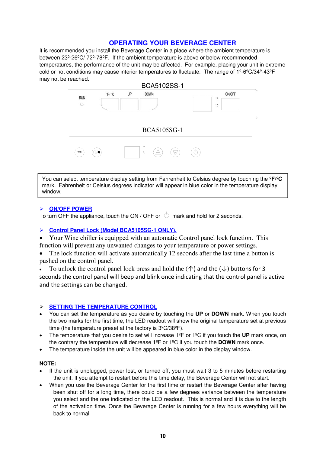 Avanti BCA5102SS-1 instruction manual  ON/OFF Power,  Setting the Temperature Control 