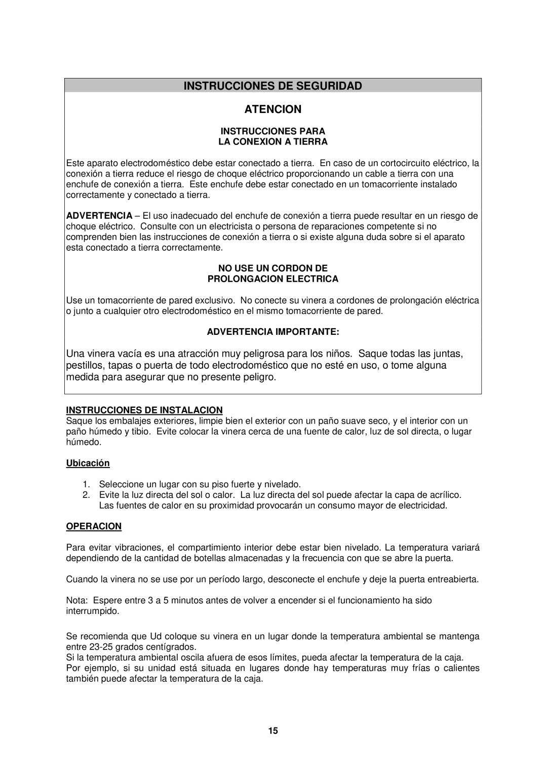 Avanti BCA5102SS-1 instruction manual Instrucciones DE Seguridad Atencion 