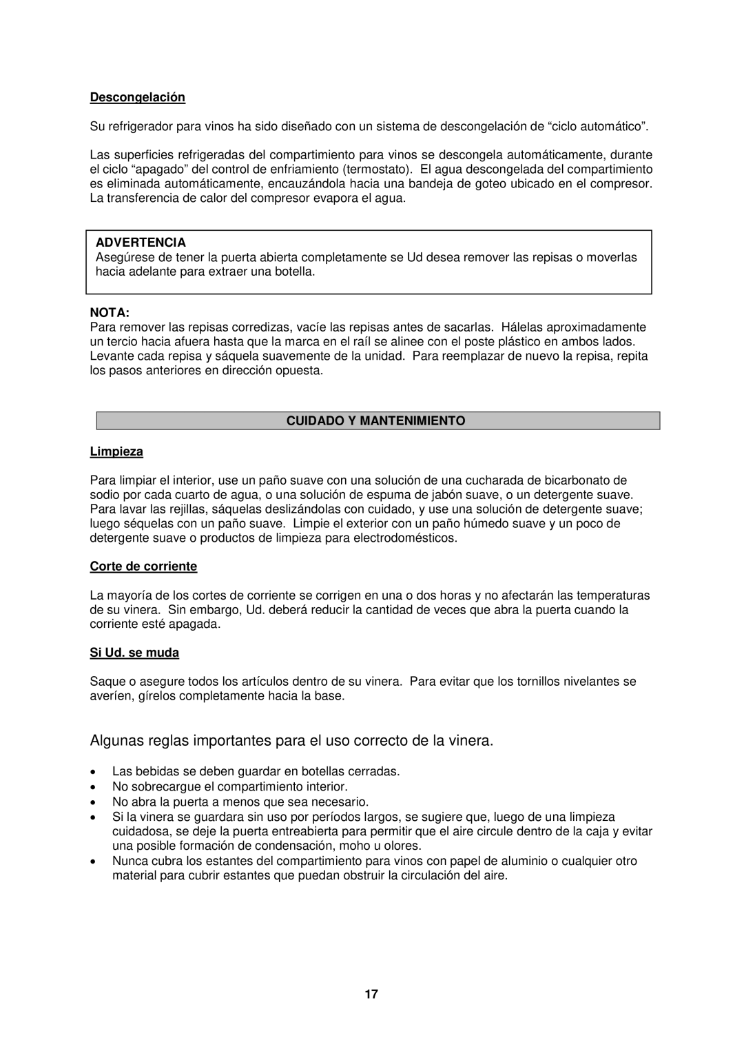 Avanti BCA5102SS-1 instruction manual Advertencia, Nota, Cuidado Y Mantenimiento 