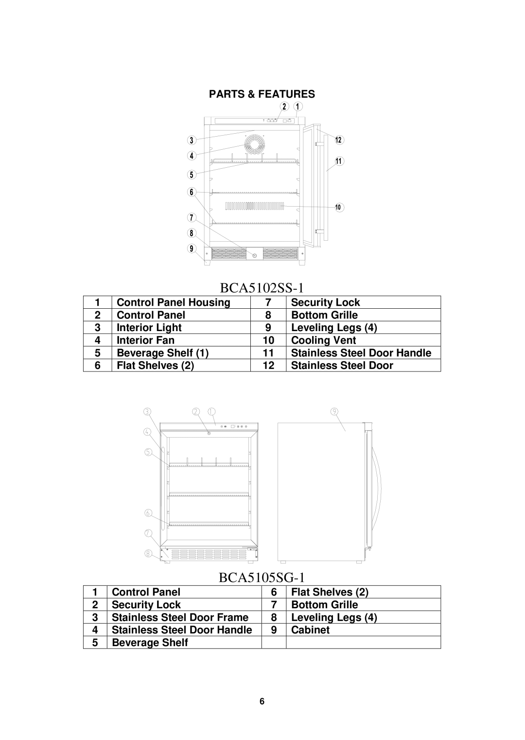 Avanti BCA5102SS-1 instruction manual Parts & Features 